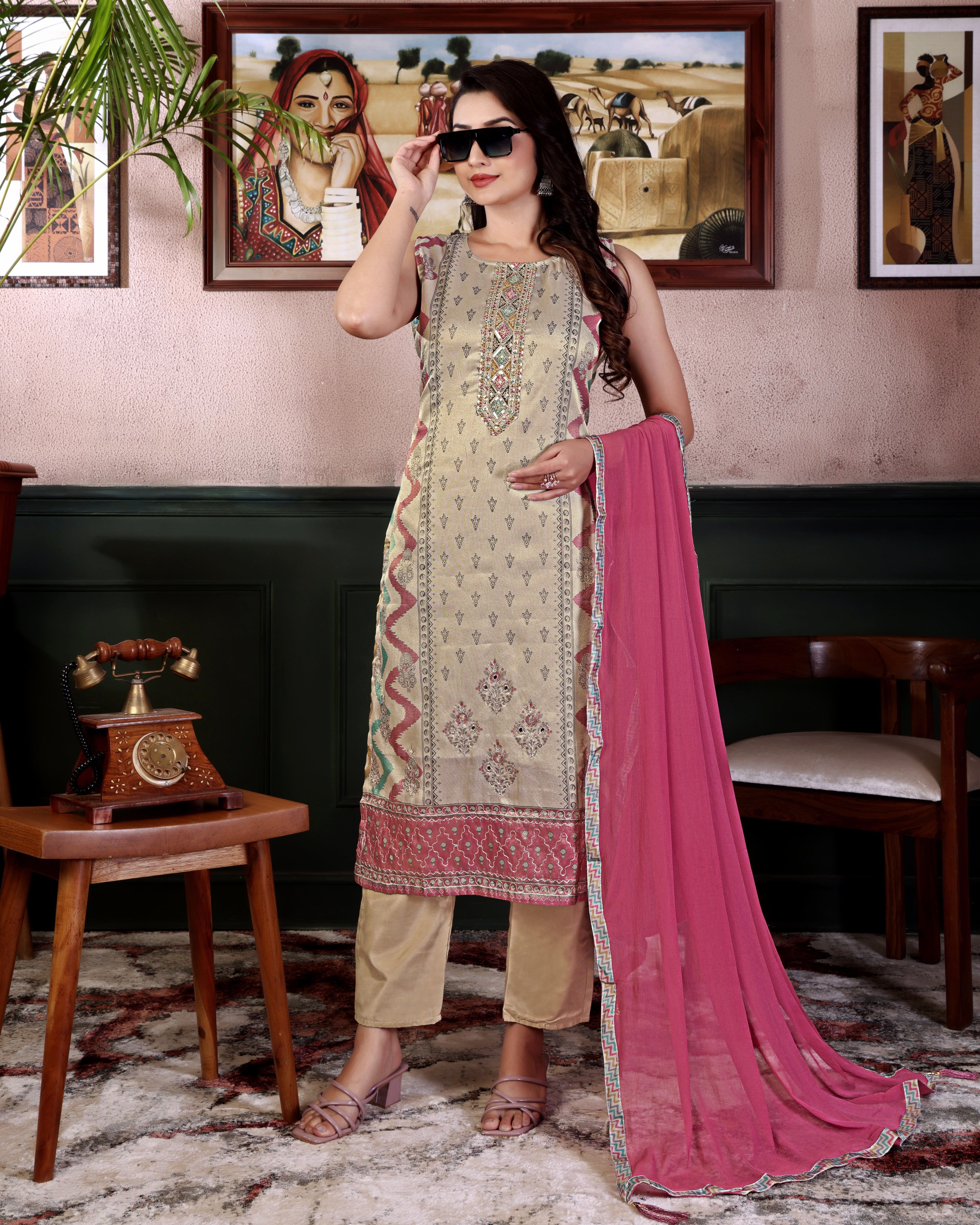 Elegance – Cream Pink Designer Suit