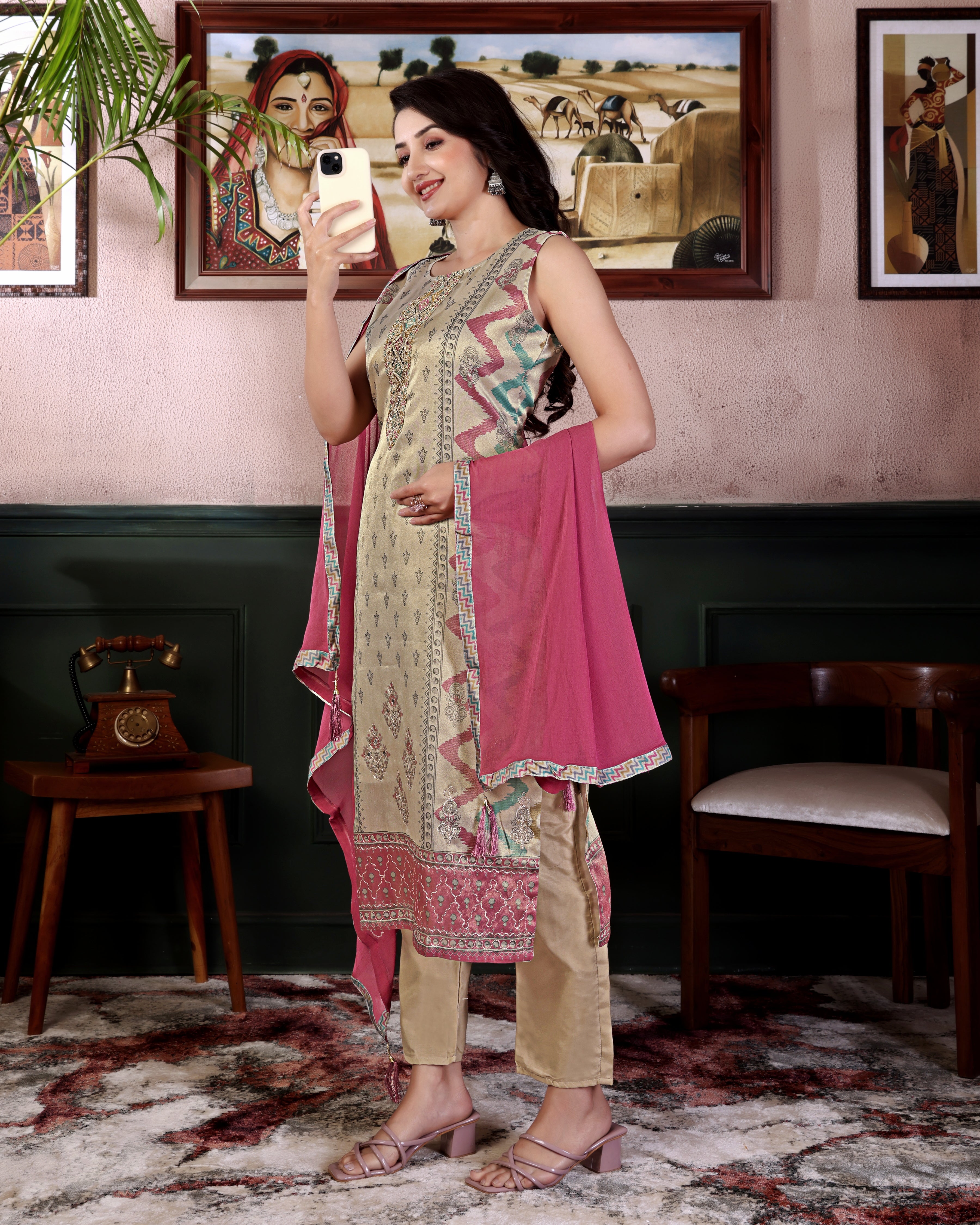 Elegance – Cream Pink Designer Suit