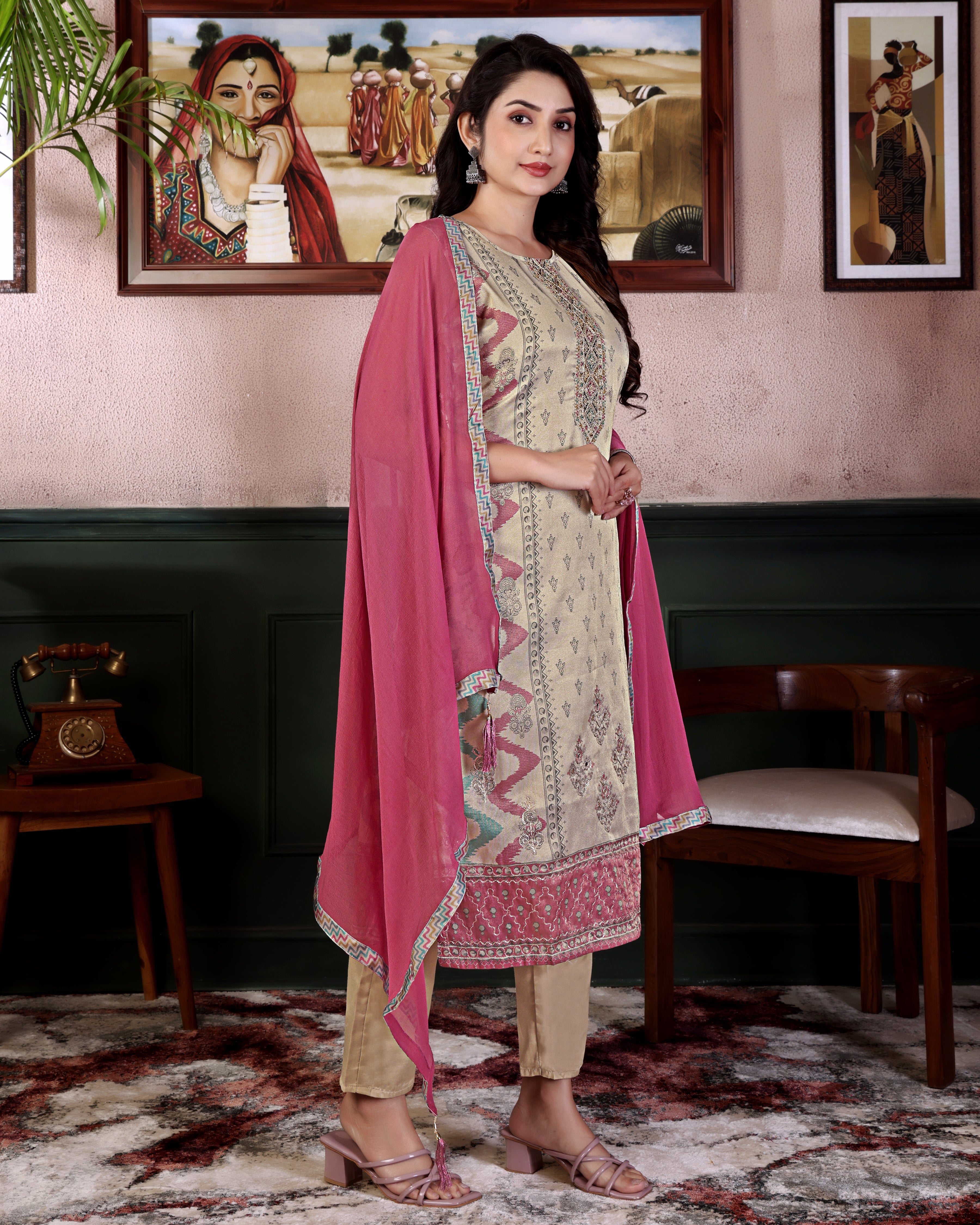 Elegance – Cream Pink Designer Suit