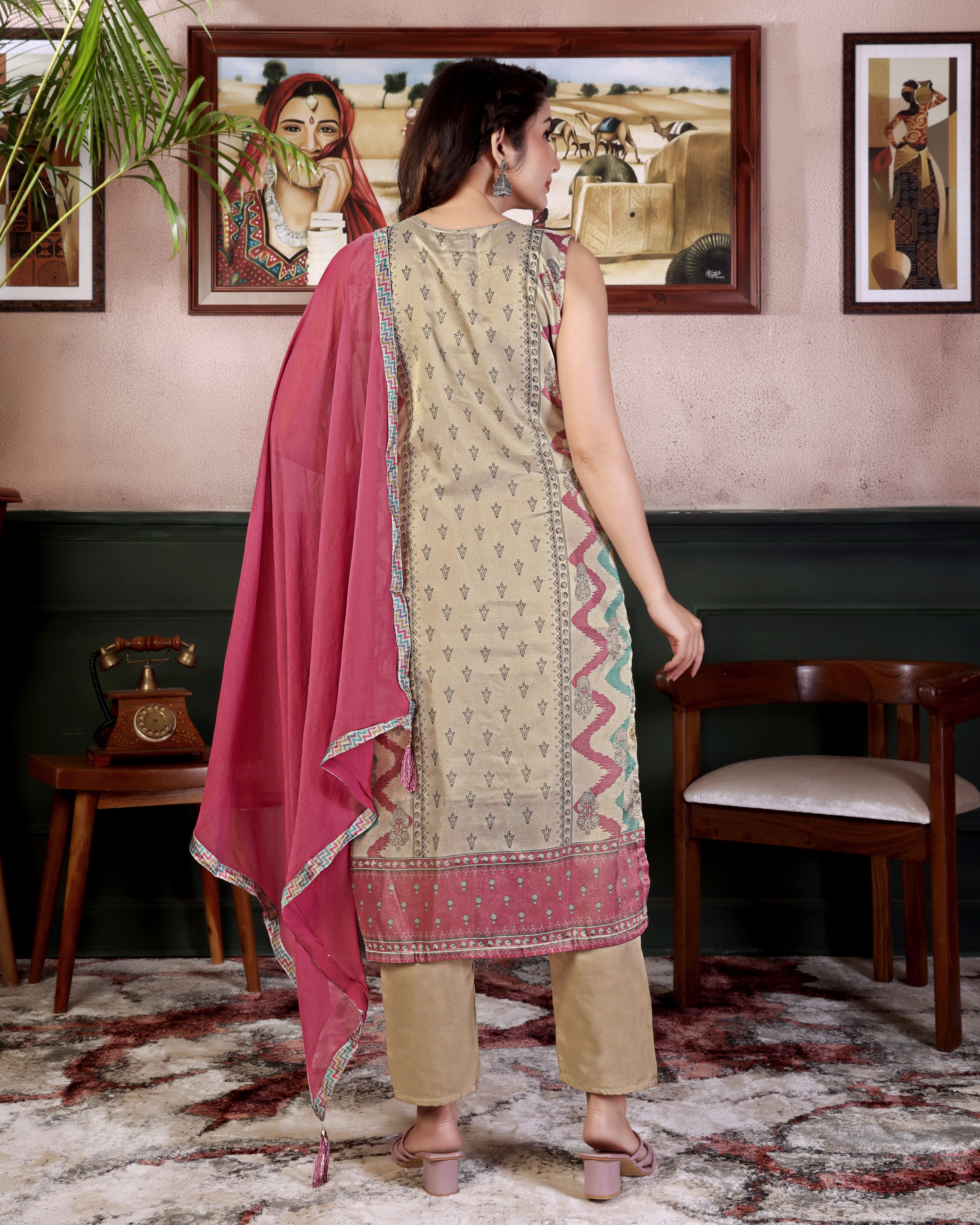 Elegance – Cream Pink Designer Suit