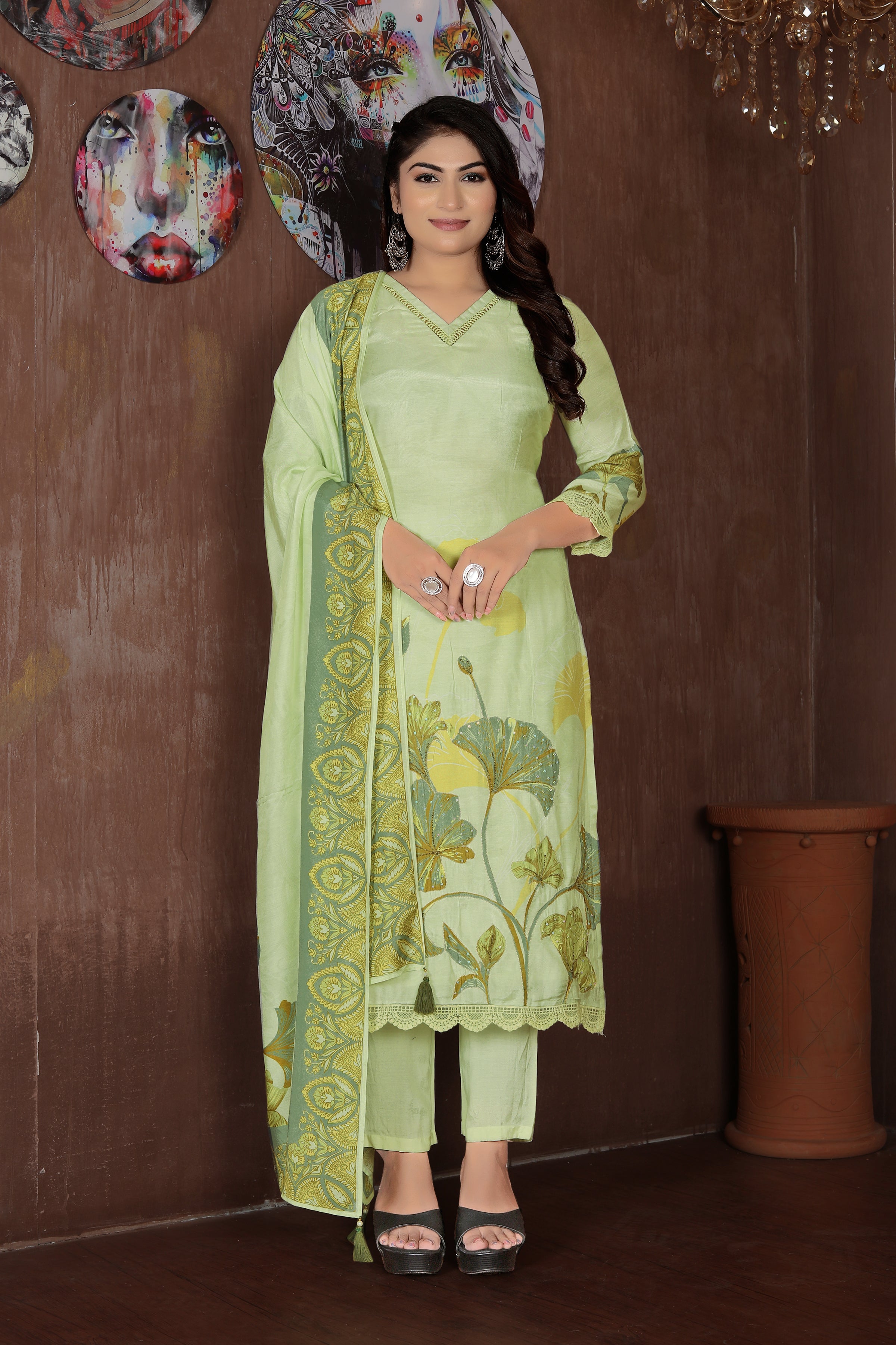 Olive Elegance – Light Green Printed Suit