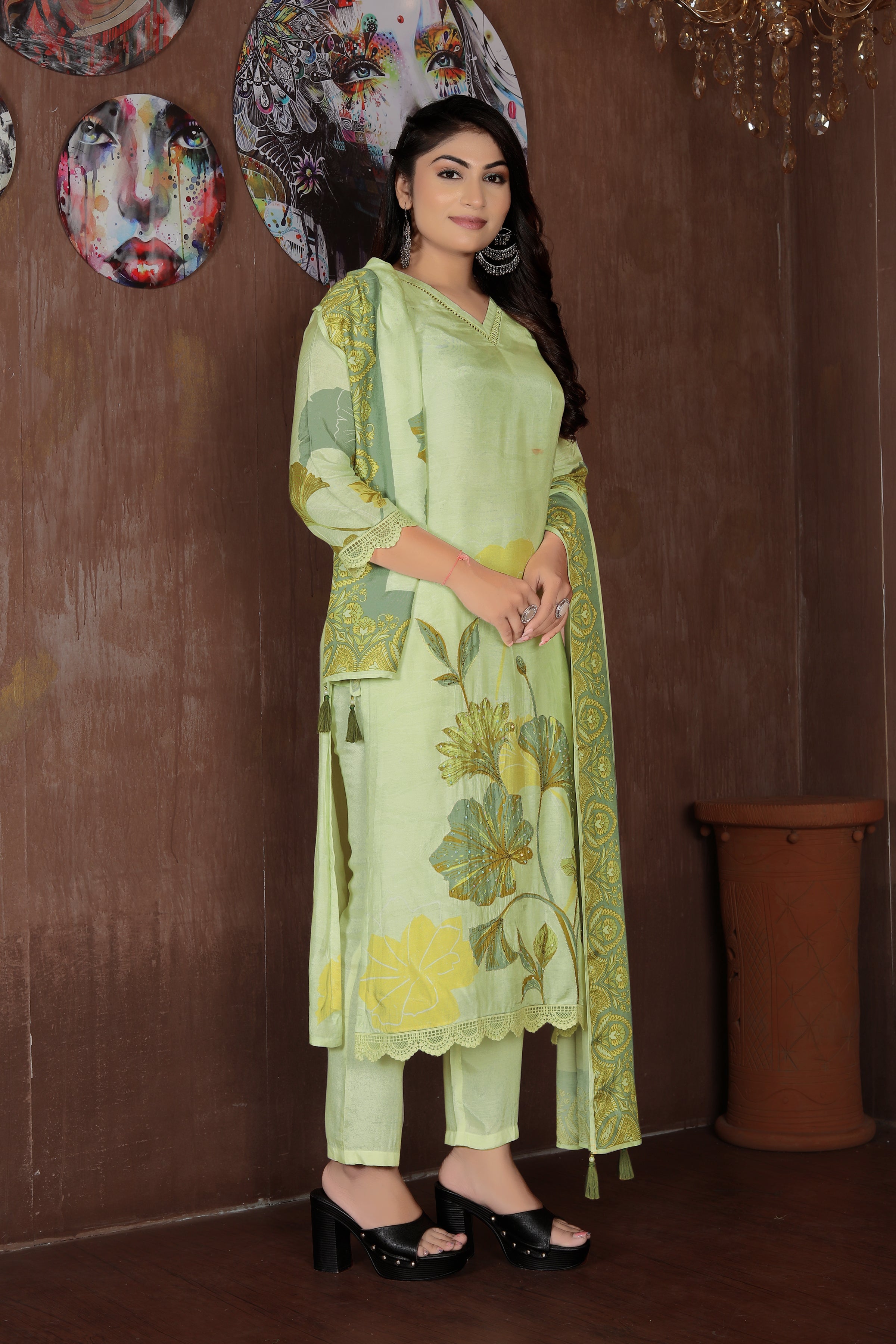 Olive Elegance – Light Green Printed Suit