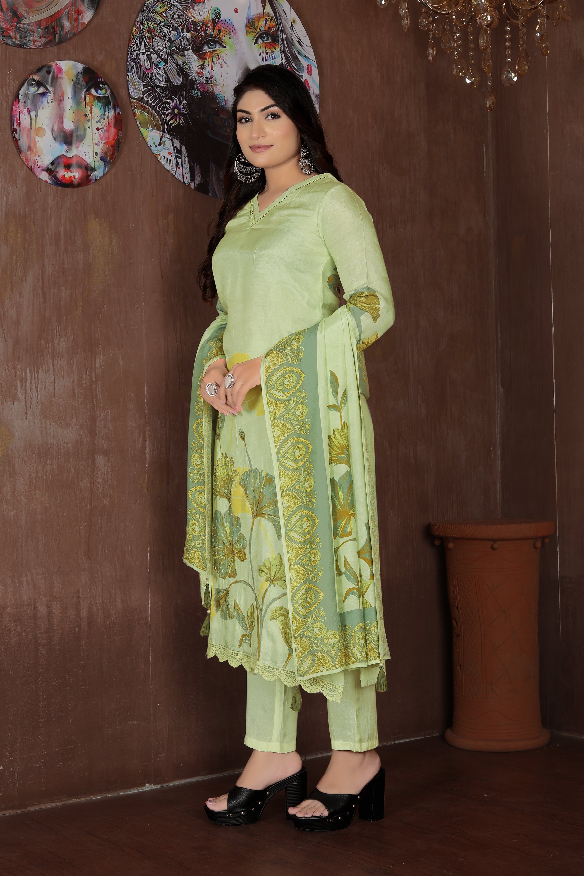 Olive Elegance – Light Green Printed Suit